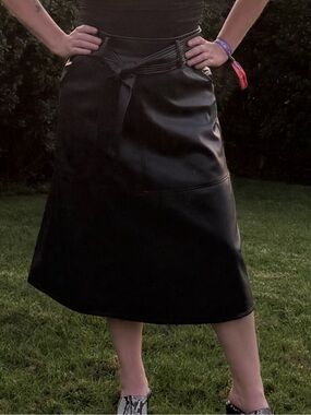 Black Midi Leather Skirt with Front Tie Waist
